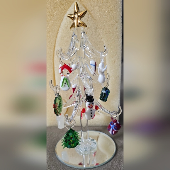 Glass Christmas Tree Figurine with 12 Ornaments and Mirrored Base - Picture 6 of 9